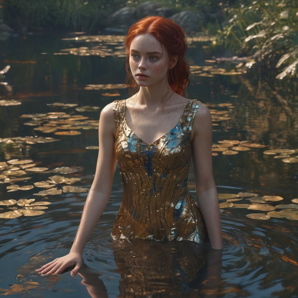 Woman with Red Hair Reflected in Pond