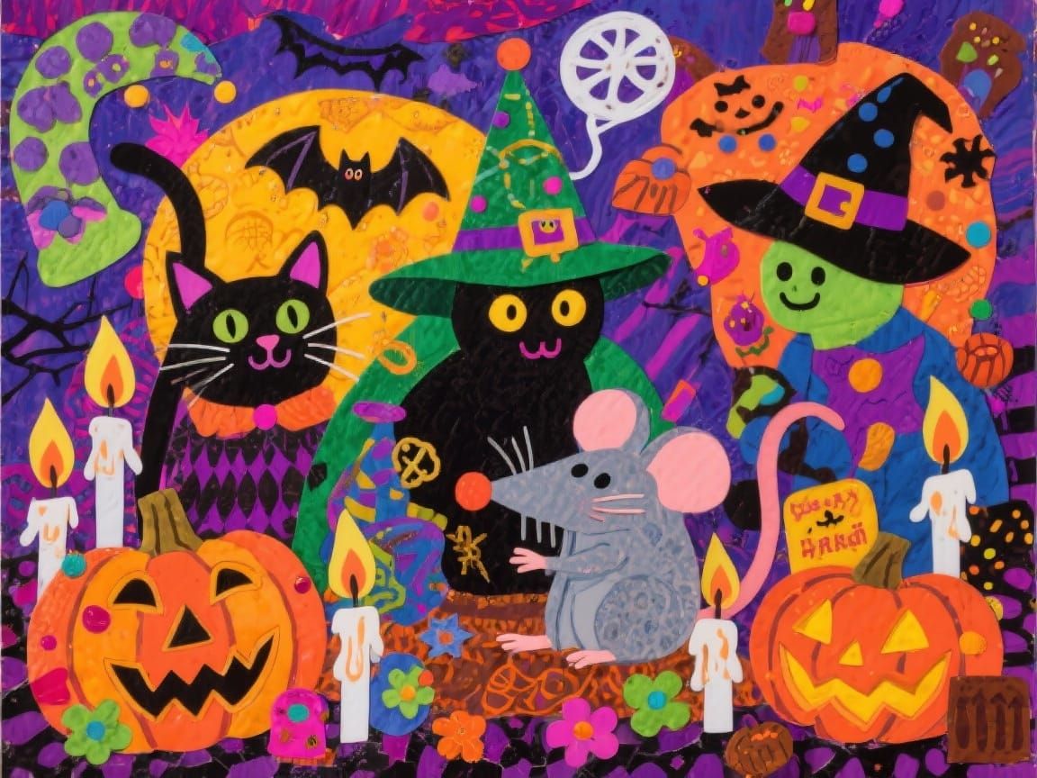Whimsical Halloween Collage With Cats, Bats, and Witches
