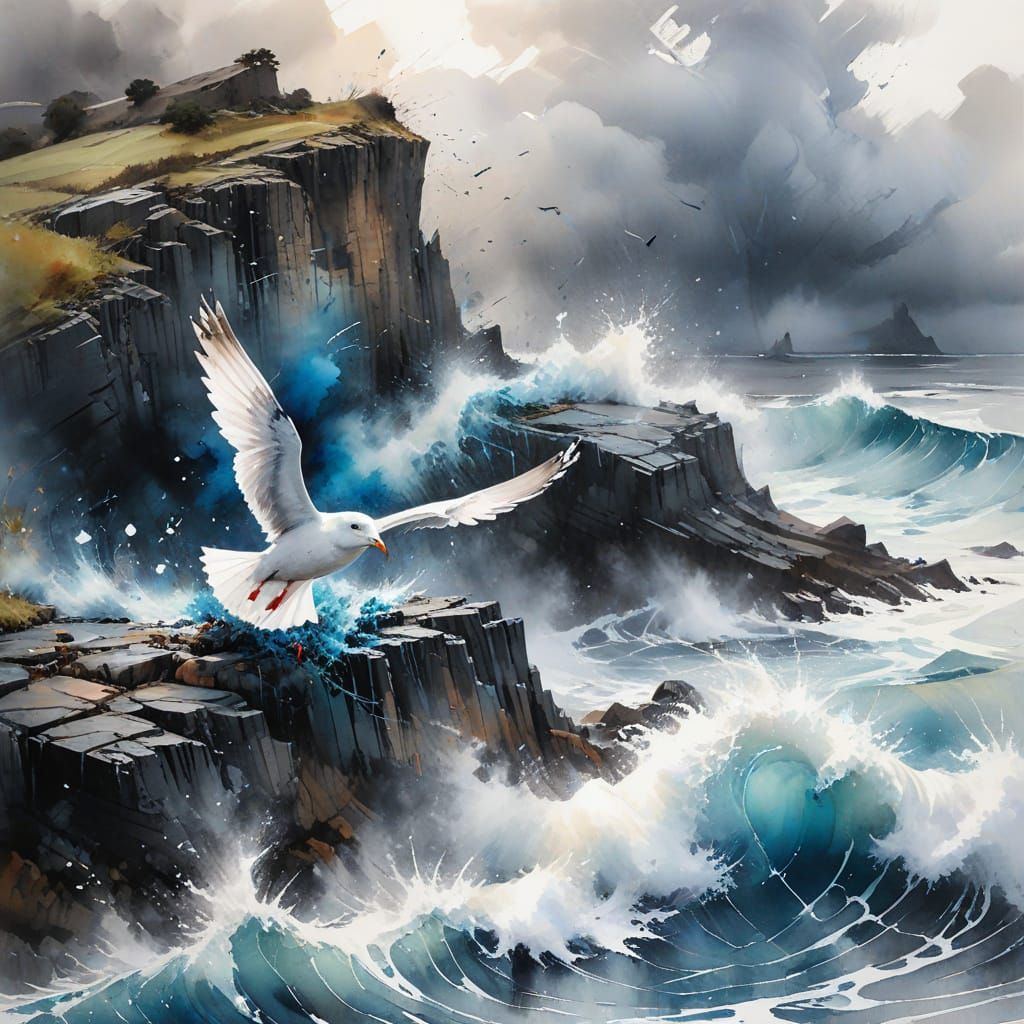 Seagull Soaring Over Stormy Basalt Cliffs in Watercolour