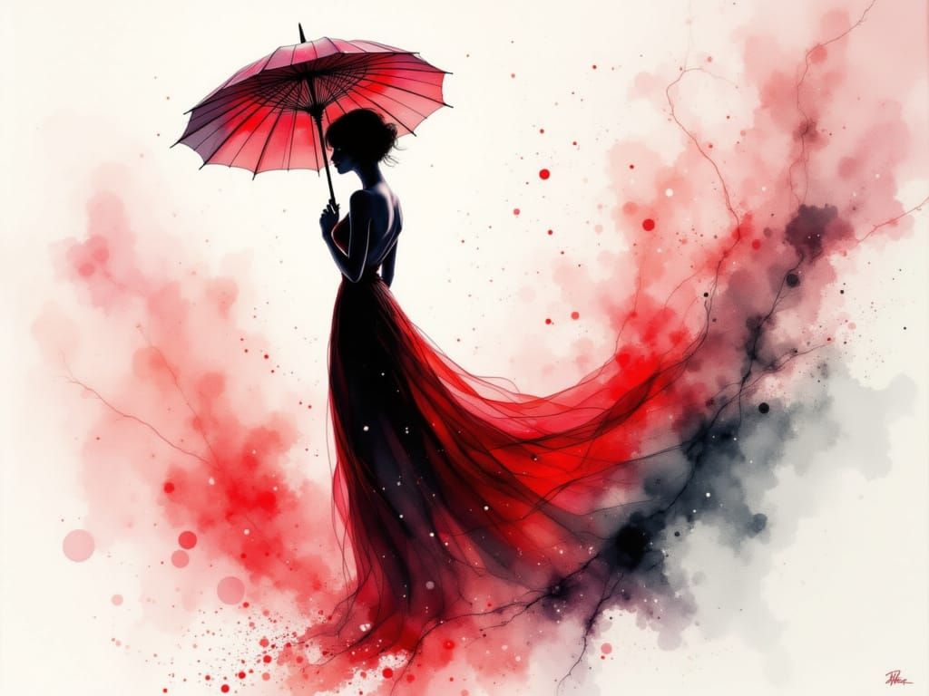 Woman in Red Black Dress with Umbrella in Watercolor Style
