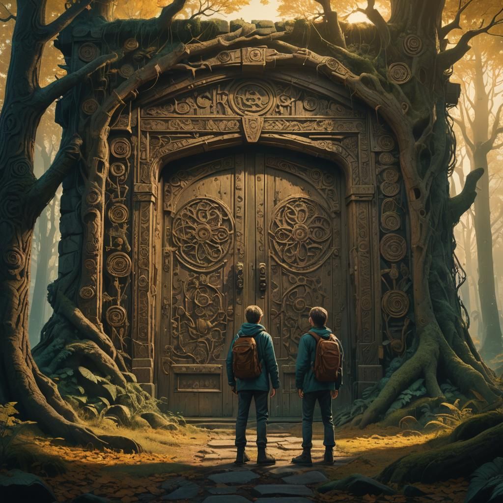 Brothers at Ancient Doorway in Mystical Forest