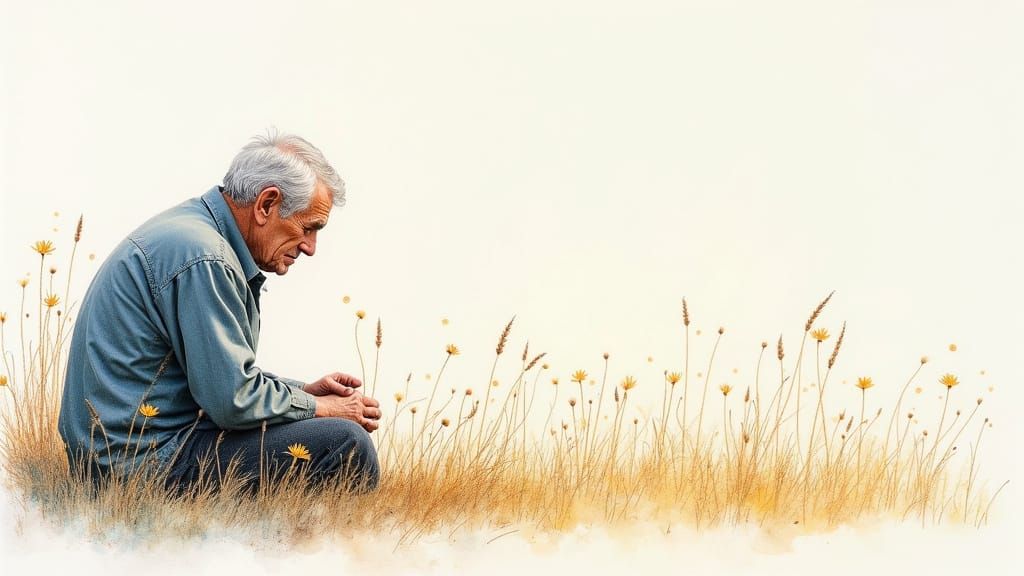 Sad Old Man Remembers Family in Watercolour