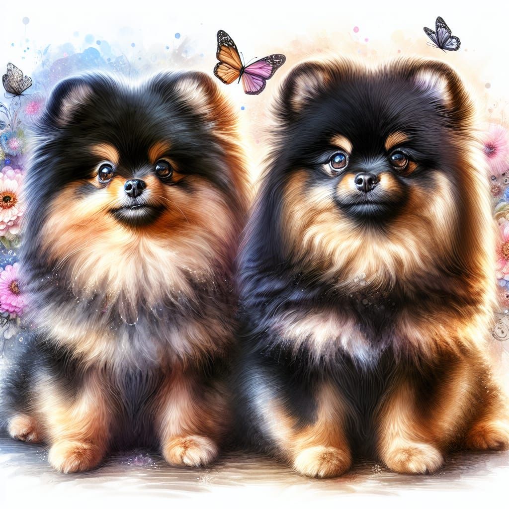 Watercolor Masterpiece of Two Fluffy Black and Tan Pomerania...