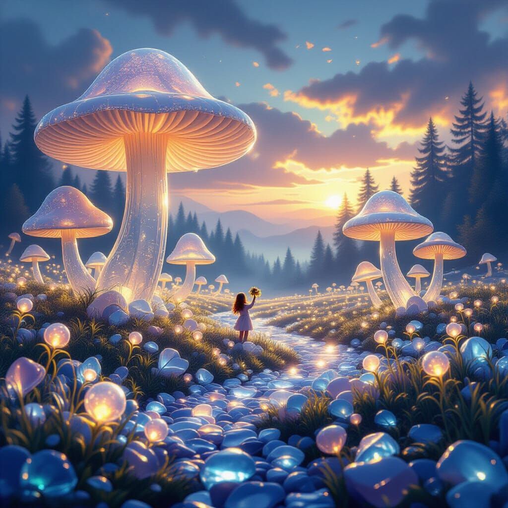 Surreal Crystalline Mushroom Landscape with Glowing Sprites