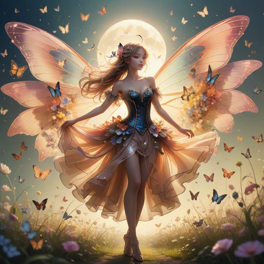 Elegant Fairy Dancing with Flowers and Butterflies