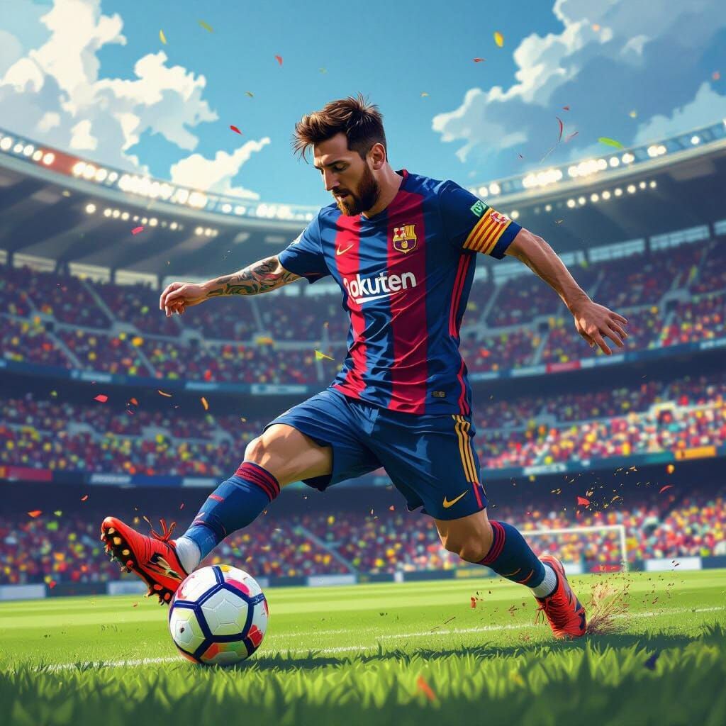 Lionel Messi Kicking Ball in Stadium, Digital Art Style