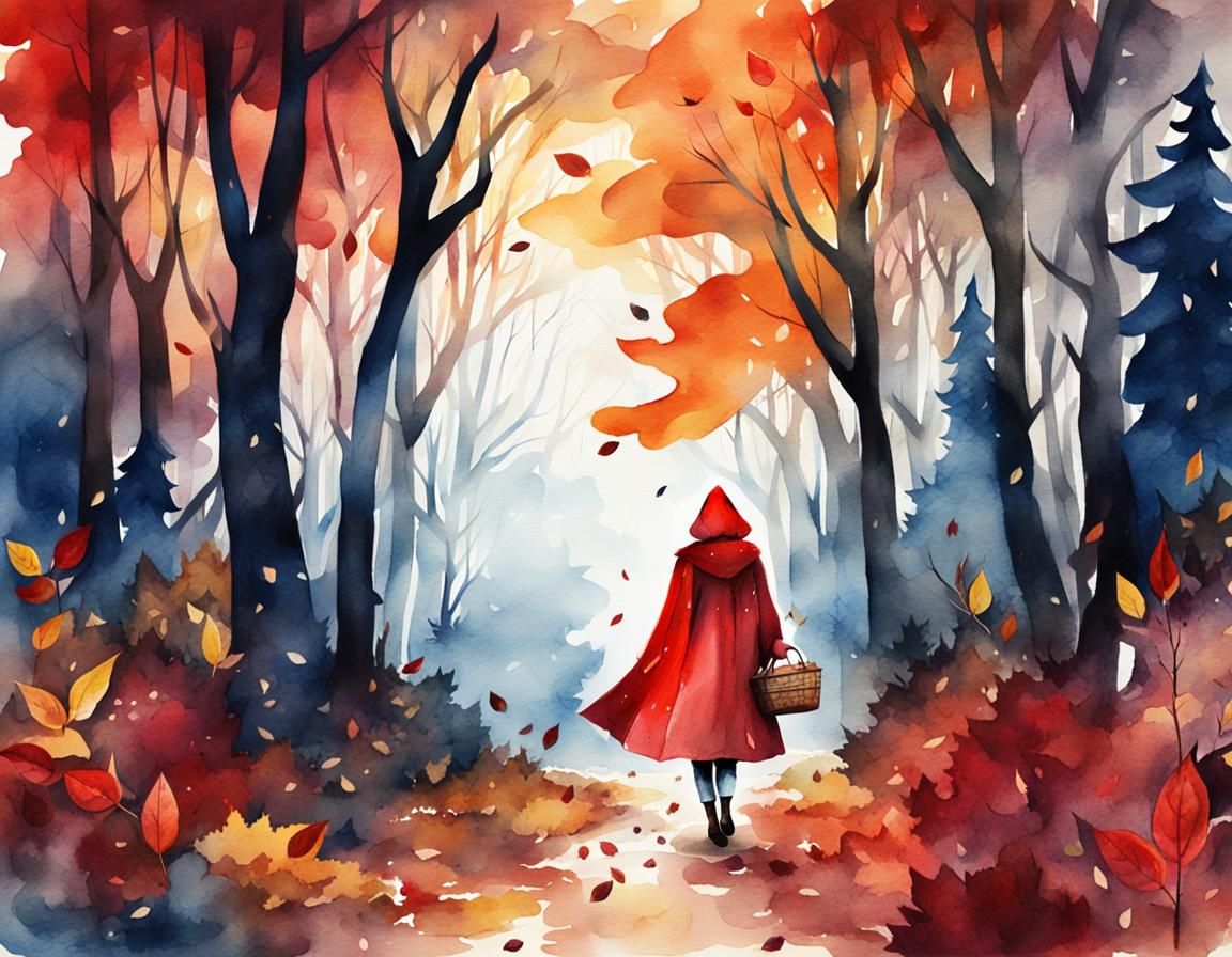 Little Red Riding Hood in Watercolor Forest