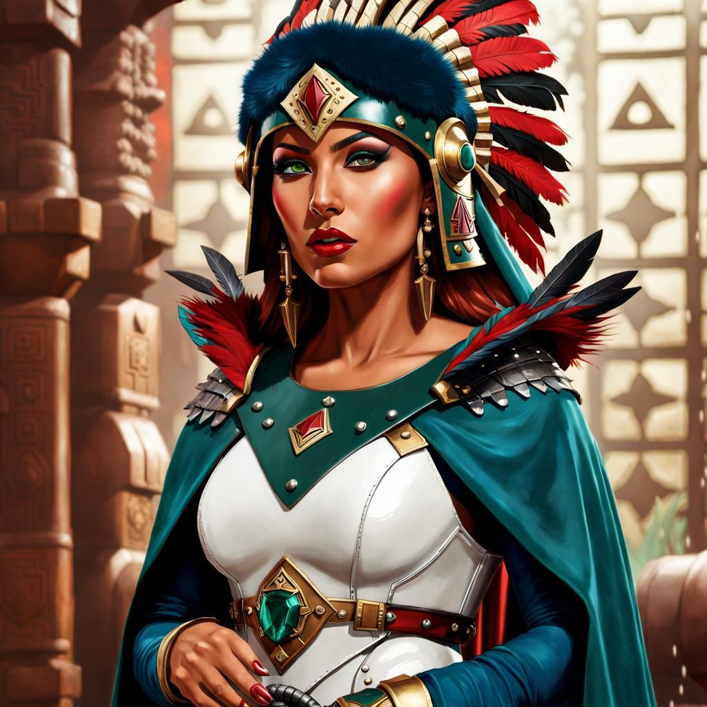 Female Space Marine with Aztec Headdress in Cyberpunk Style
