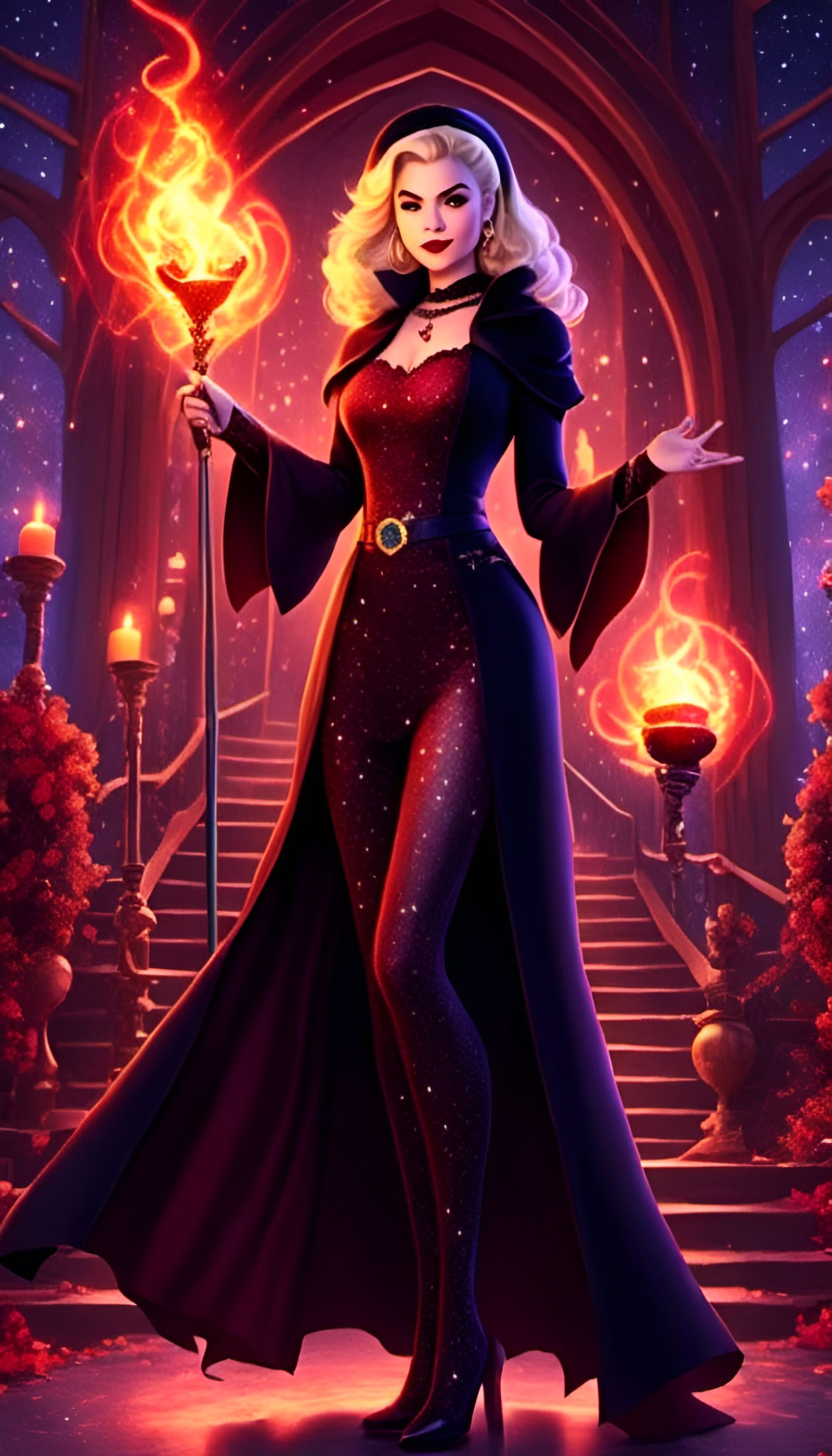 Sabrina Spellman in Witchy Attire with Magical Staff