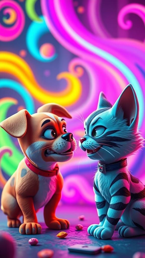 Angry Dog and Cat Face Off in Neon Digital Art
