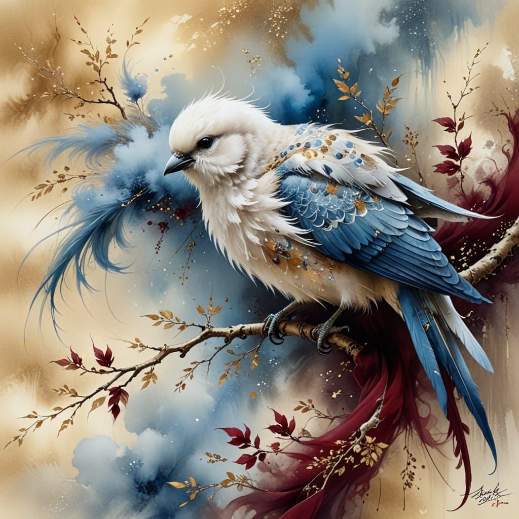 Chinese Art: Fluffy Bird in Watercolor Landscape