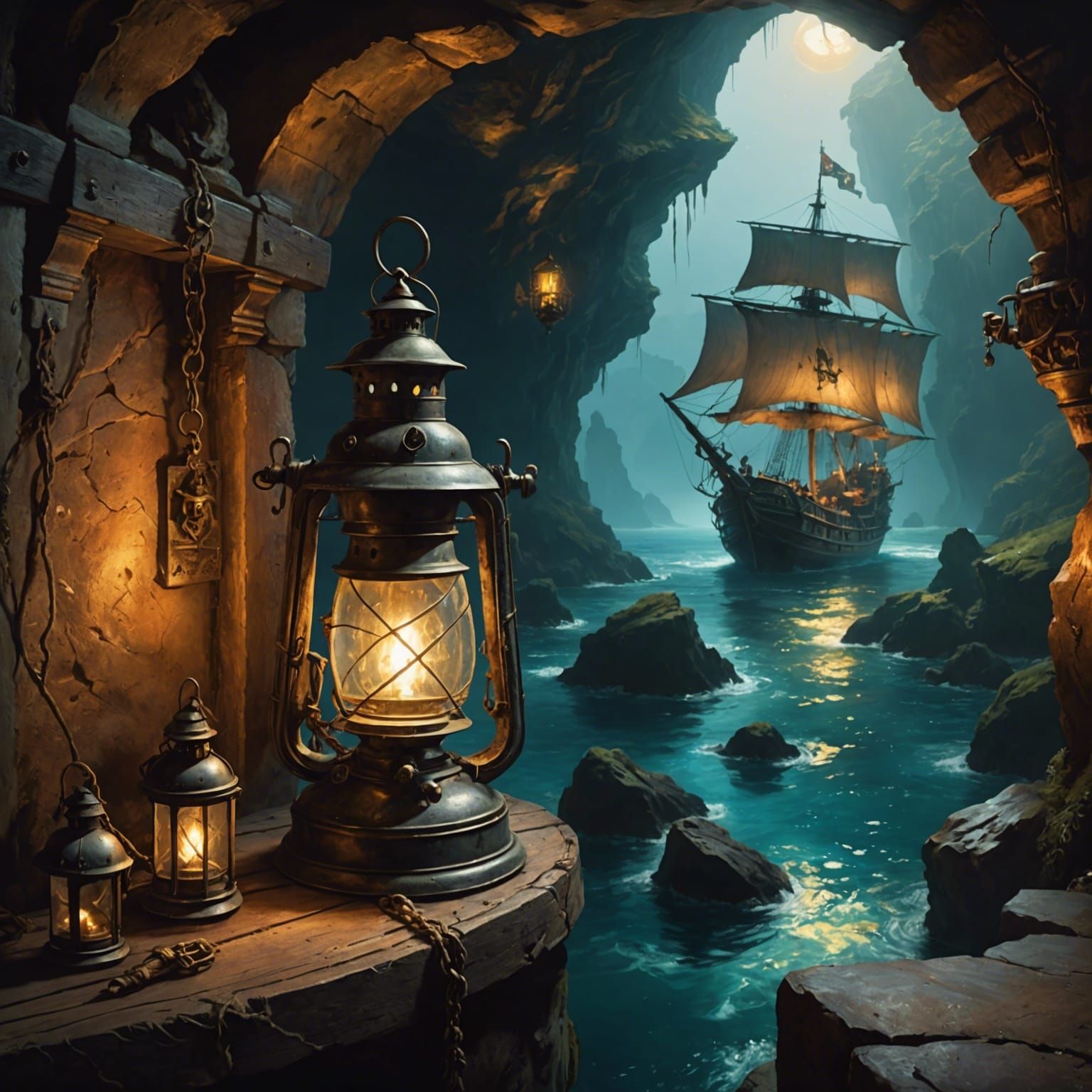 Underwater Pirate Cave Illuminated by Lantern
