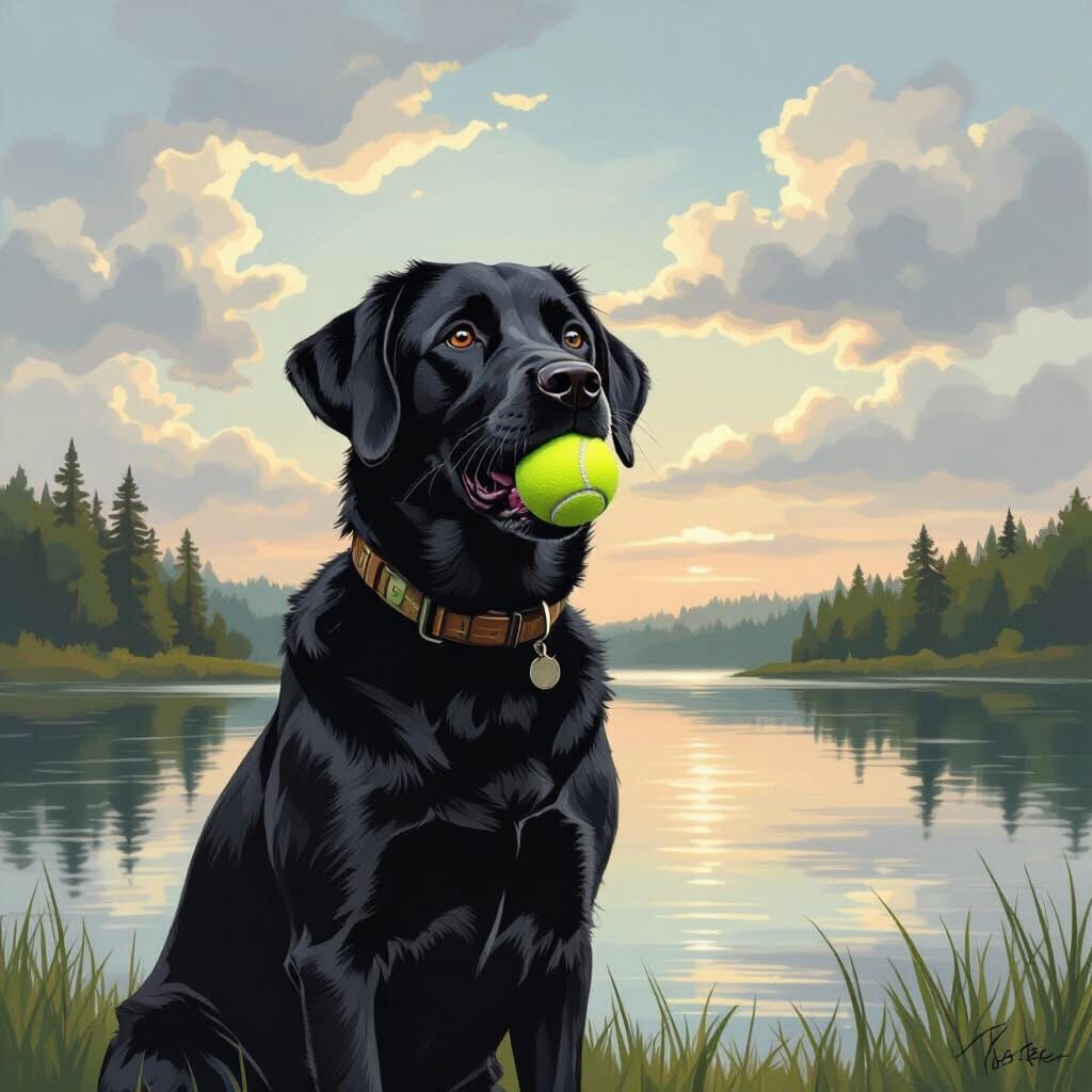 Black Lab with Tennis Ball, Bob Ross Style