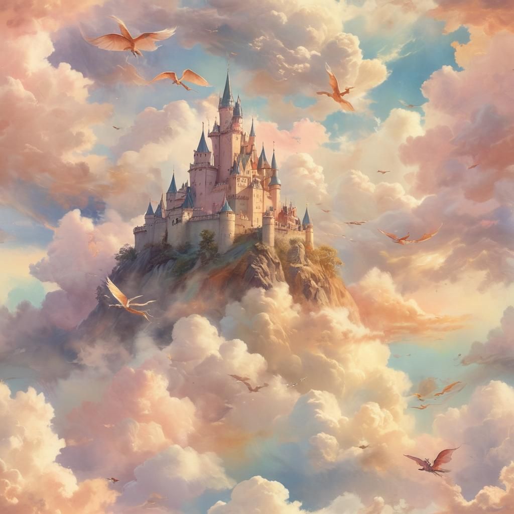 People Flying Dragons to Cloud Castle: Watercolor Painting