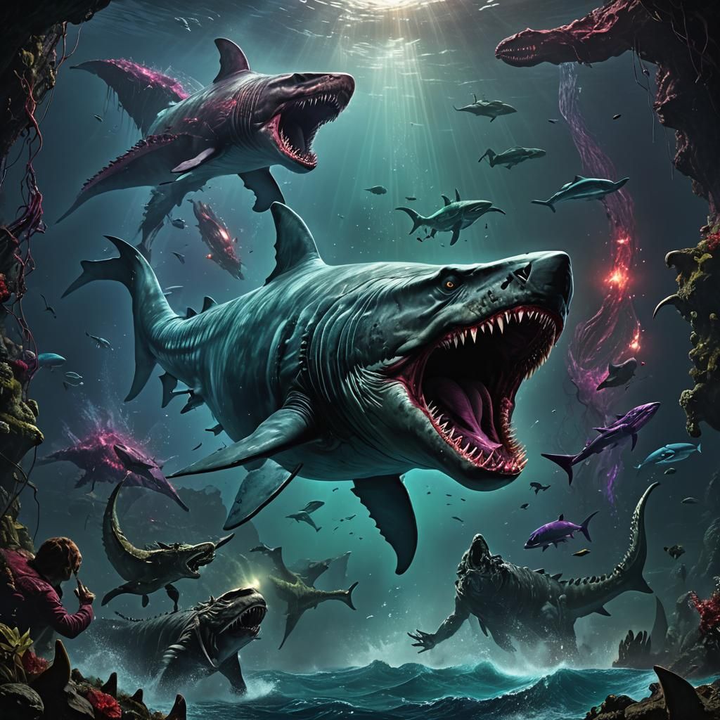 Megalodon vs Mosasaurus in Bioluminescent Abyss