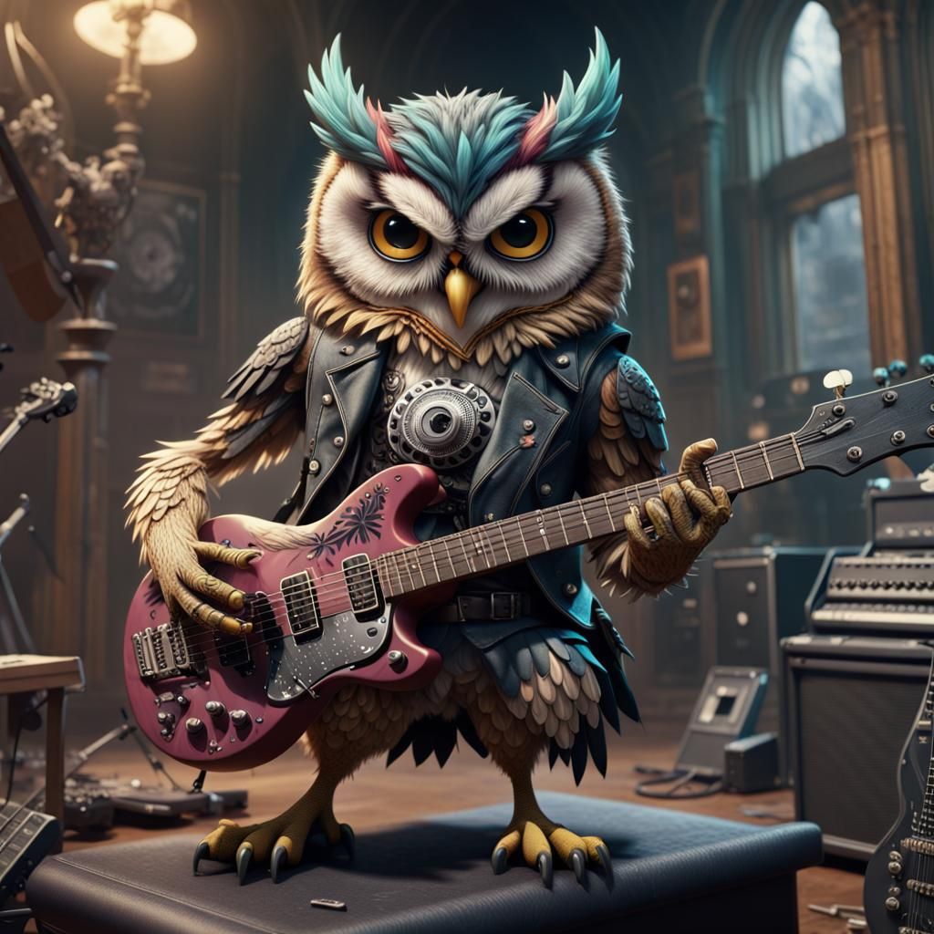 Punk Rock Owl Plays Guitar in Detailed Matte Painting
