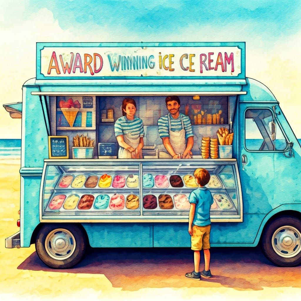 Charming Ice Cream Truck on Sunny Beach as Watercolor