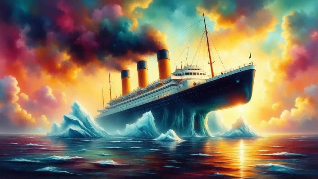 Titanic Crashing into Ice Rampart as Oiled Surrealist Painti...