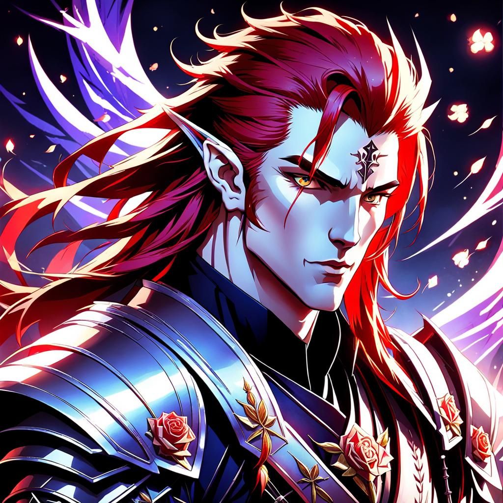 Elven Knight in Anime Style with Dripping Roses