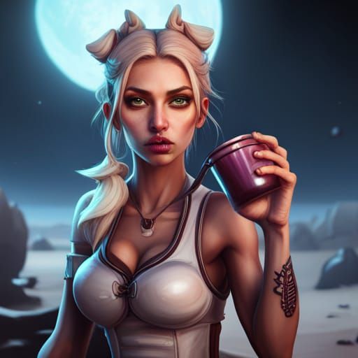 Blonde Woman Drinking Boba Tea: Detailed Matte Painting