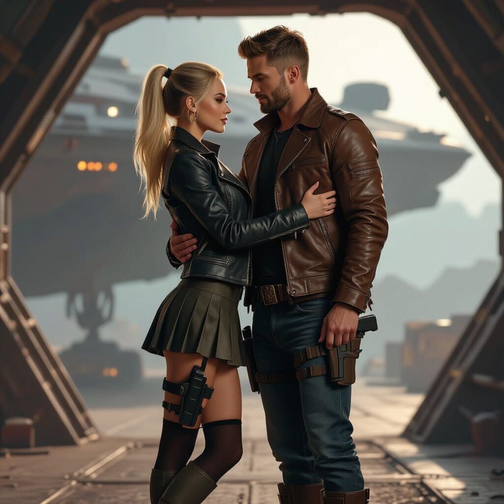 Sensual Sci-Fi Embrace: Woman in Leather Jacket, Man in Army...