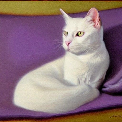 White Cat in Purple Room, Oil Painting