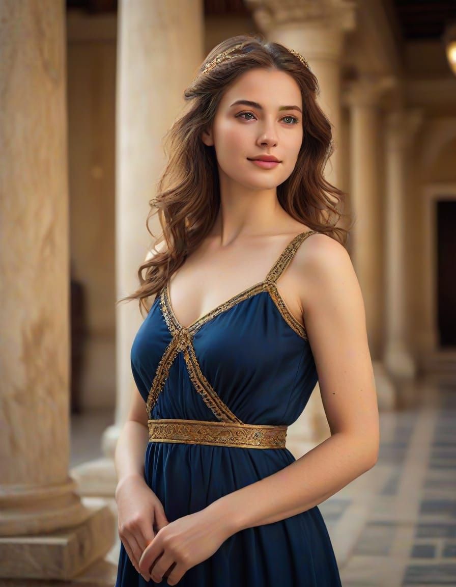 Elegant Ancient Greek Princess in Blue Silk