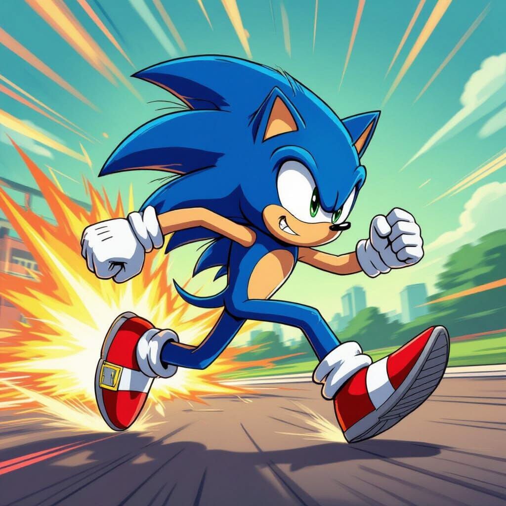 Sonic Running Fast in Vibrant Comic Book Art Style