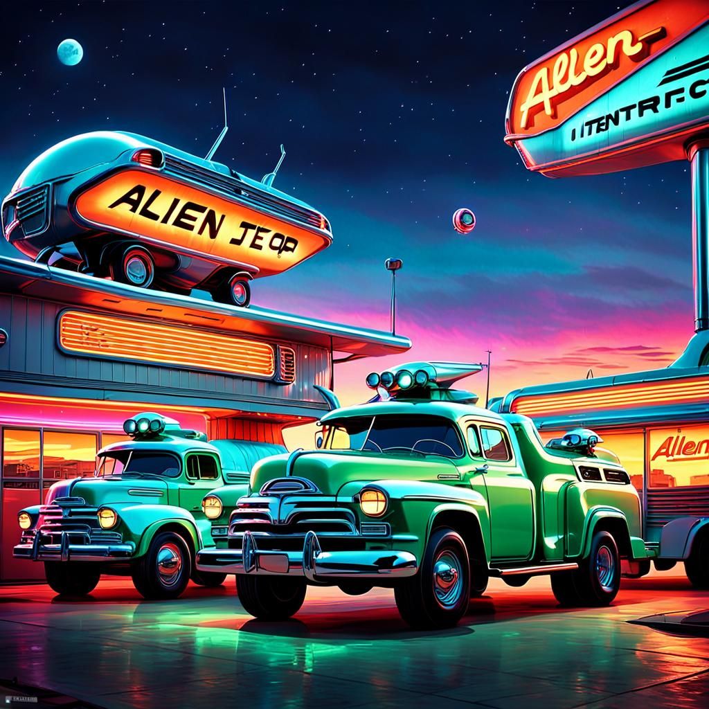 Intergalactic Truck Stop: Retro-Futuristic Alien Oasis