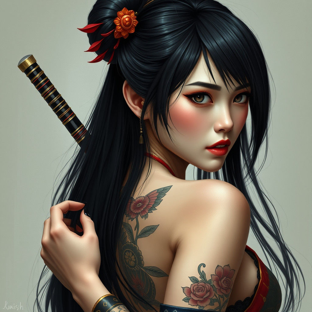 Japanese Woman with Ninja Tattoo in Splash Art Style
