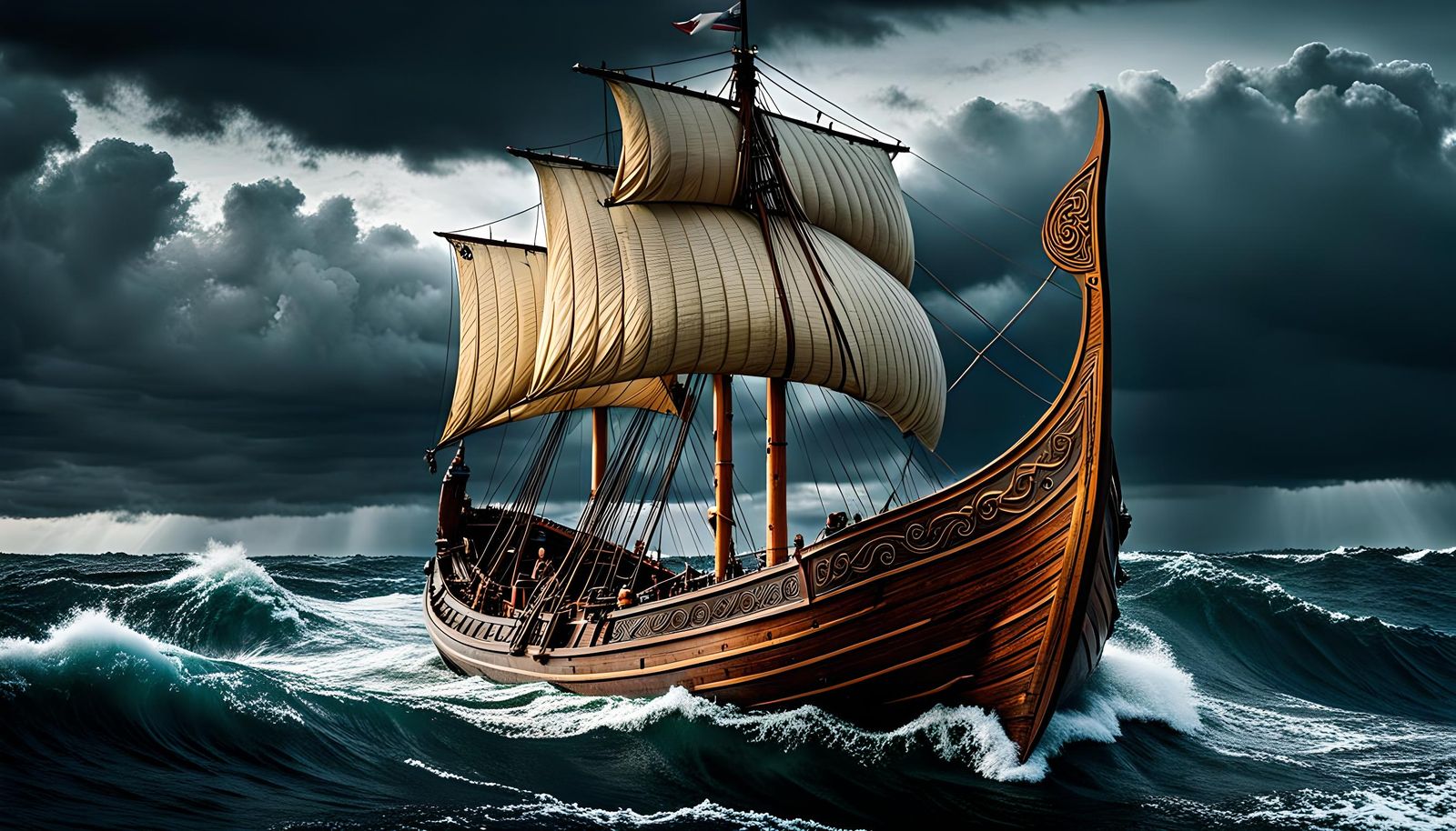 Viking Ship Amidst Stormy Seas