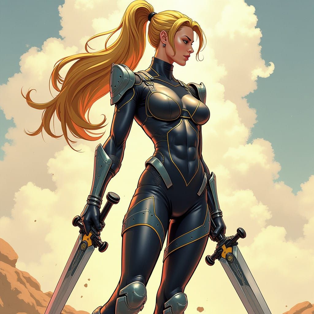 Sleek Cyber Goddess Wields High-Tech Sword