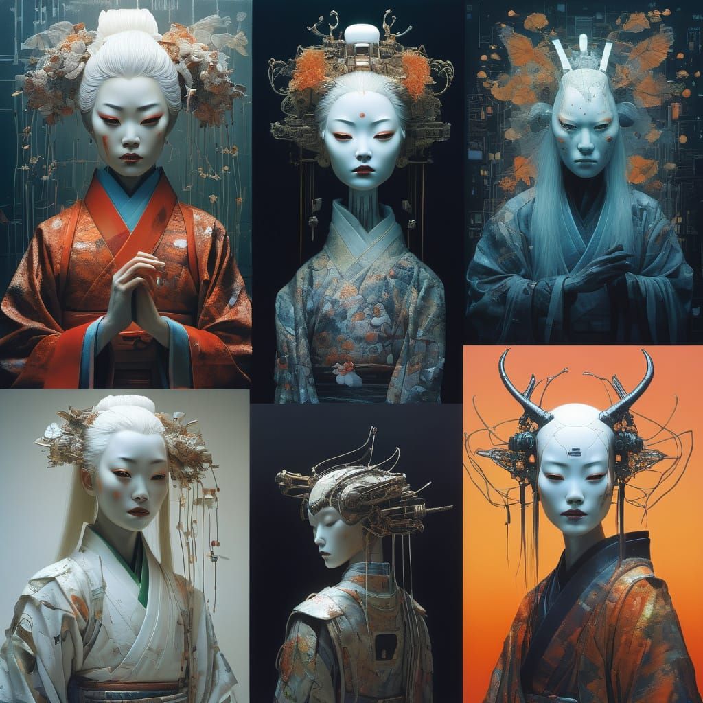 Ethereal Android Geisha in Vibrant Silver Hues