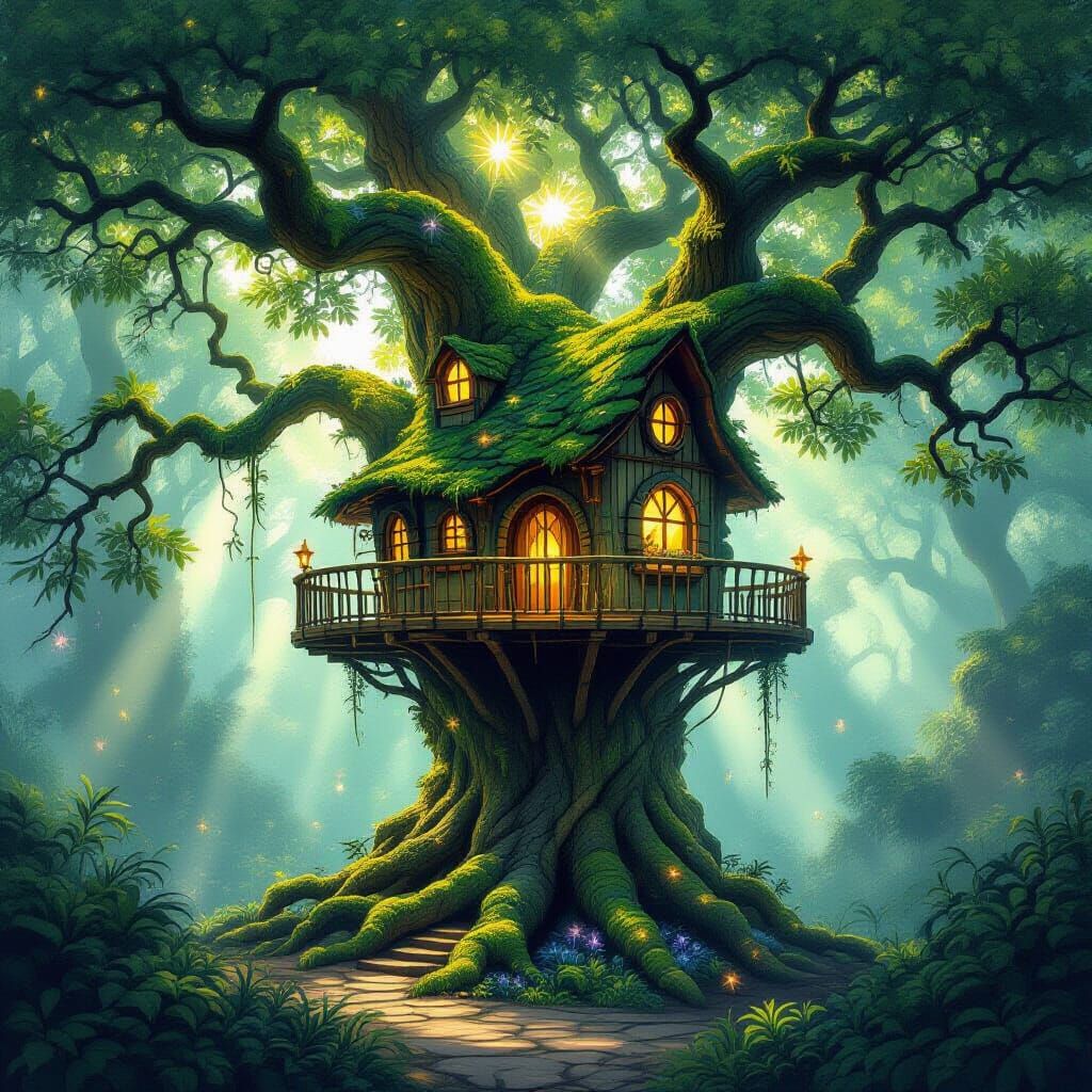 Enchanted Forest Treehouse: Whimsical Fantasy Concept Art
