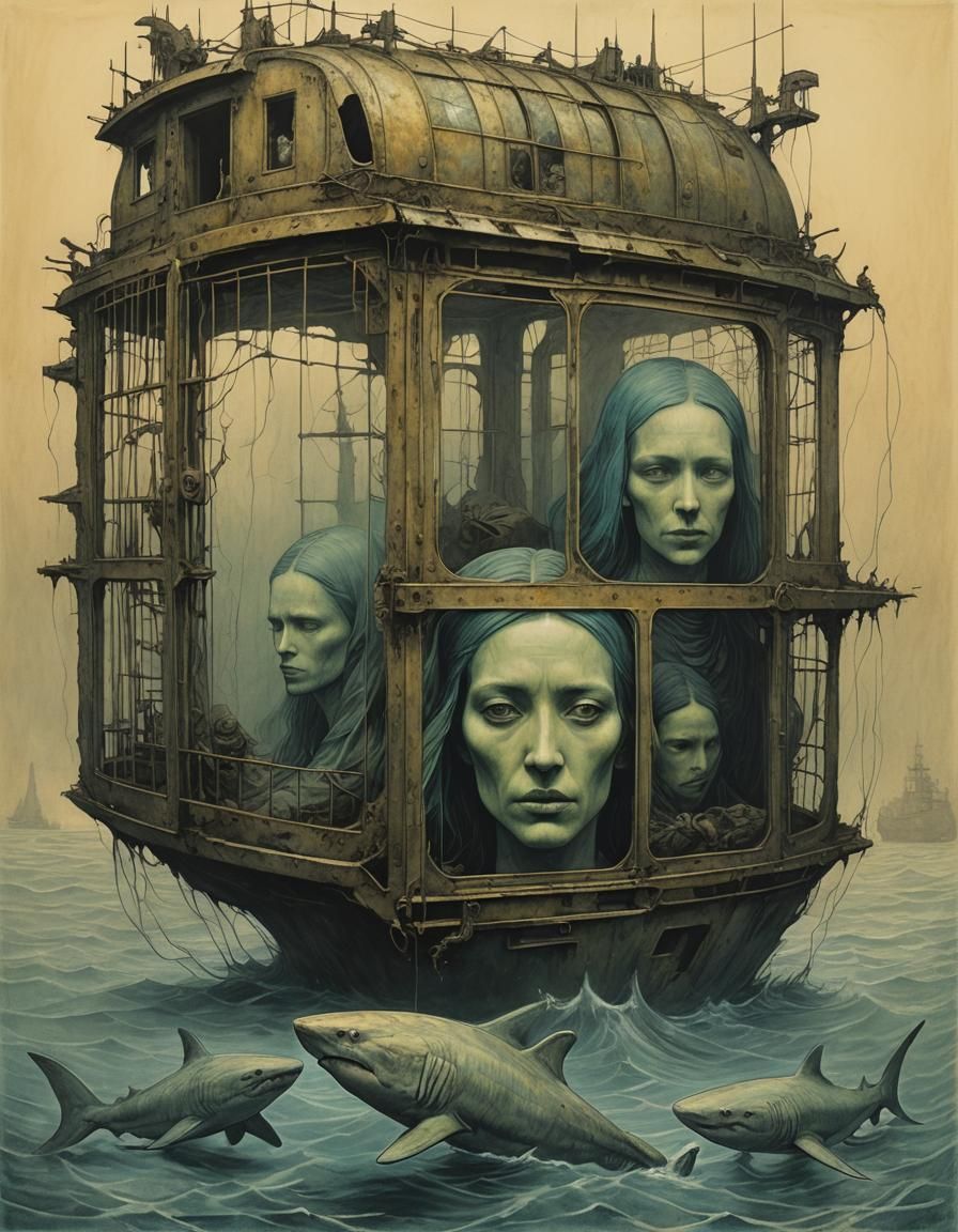 Golden Cage with Girls, Sharks, and Submarine