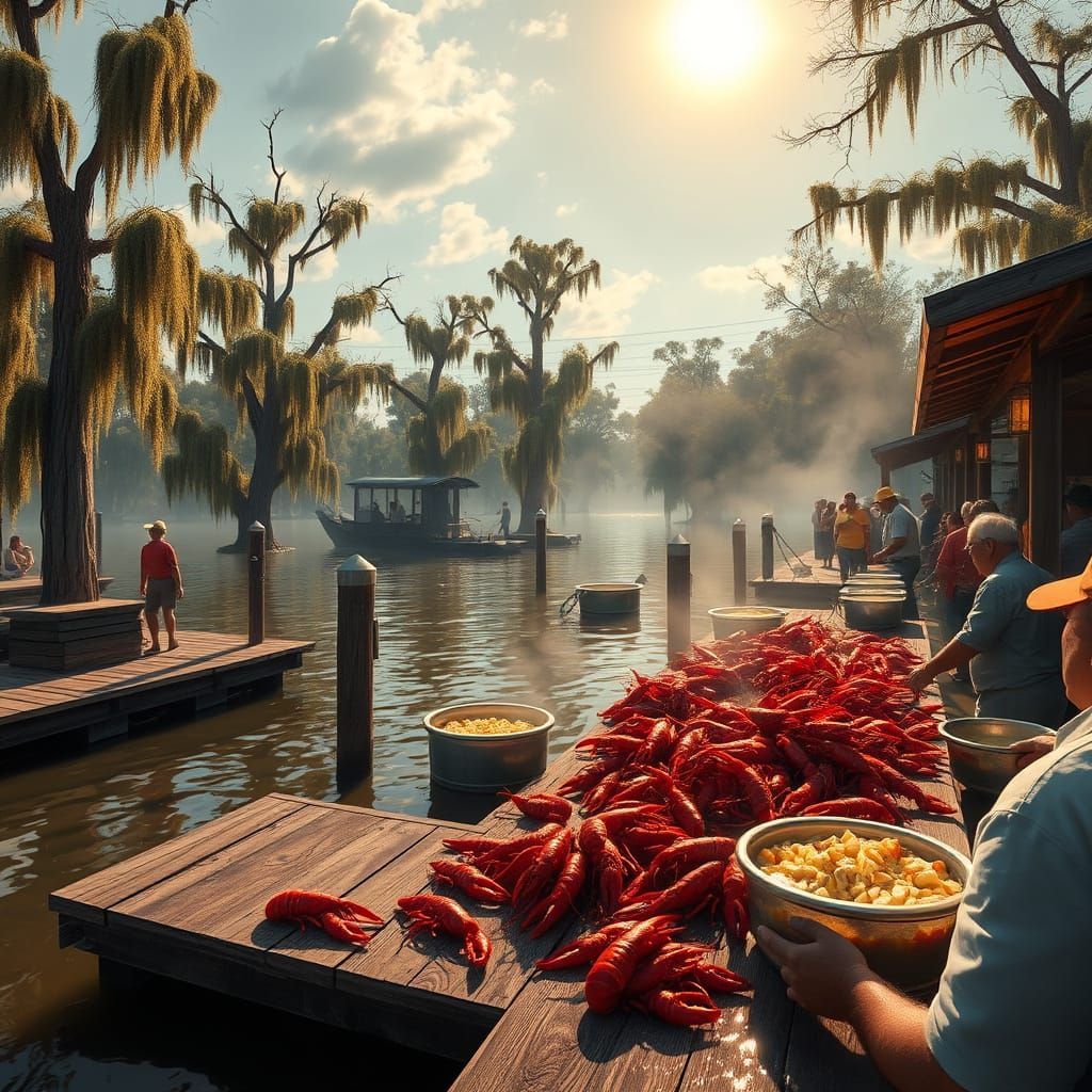 Vibrant Cajun Bayou Boil in Warm, Golden Light