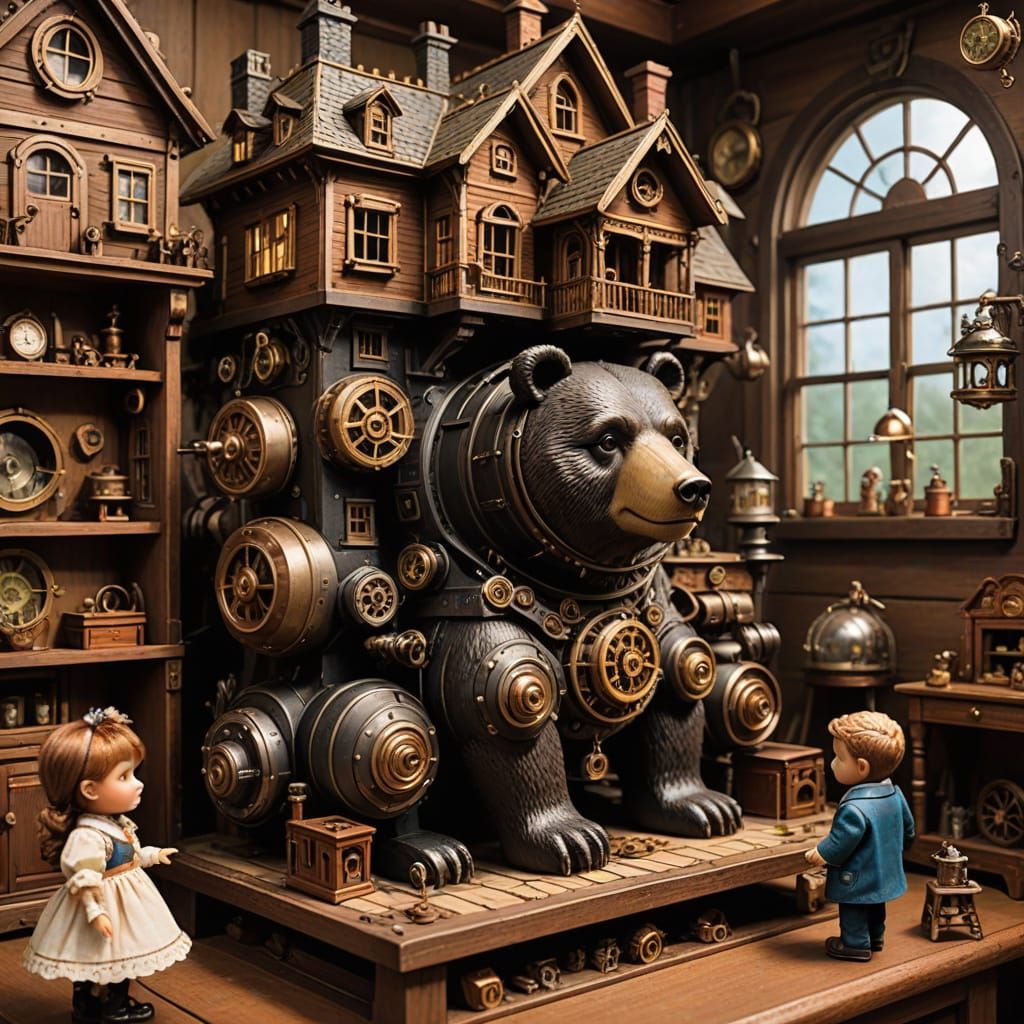 Steampunk Bear Discovers Miniature Humans in Dollhouse