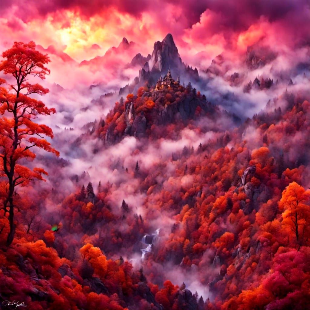 Misty Autumn Mountain Landscape in Watercolor Style