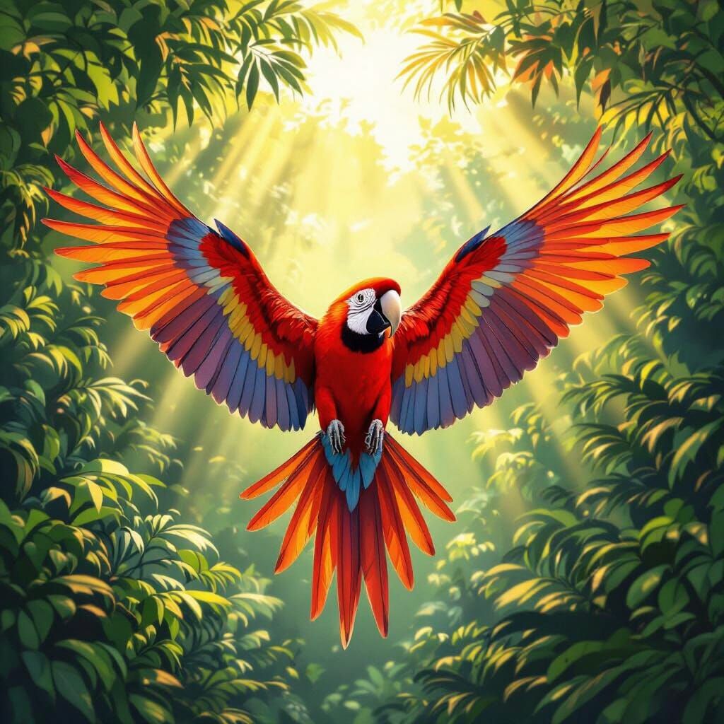 Vibrant Scarlet Macaw Spreads Wings in Tropical Rainforest