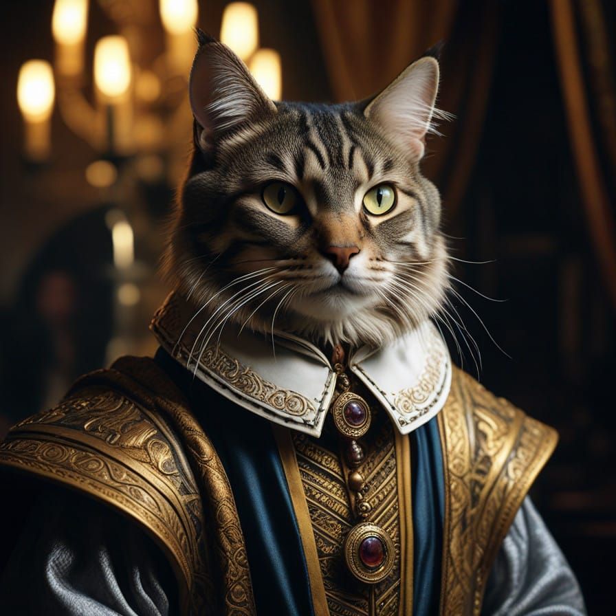 Regal Grey Tabby Noble in Renaissance Attire