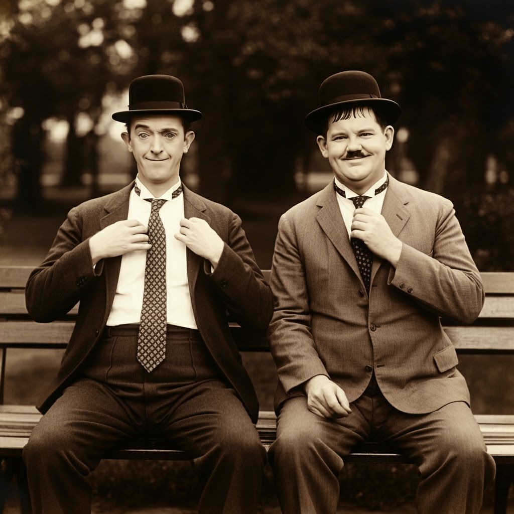 Laurel and Hardy Park Bench Photo in 1900s Style