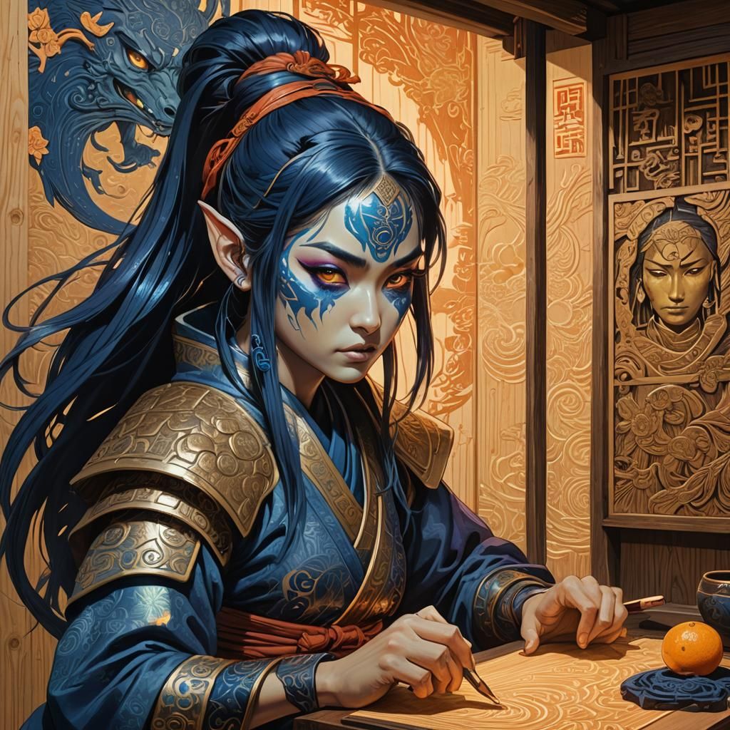 Blue Elf Ninja Carving Woodblock Print