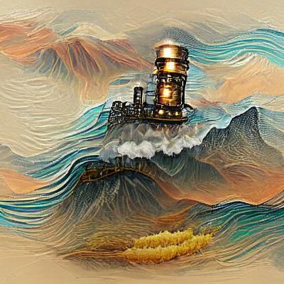 Steampunk Lighthouse Scene With Mountain Backdrop