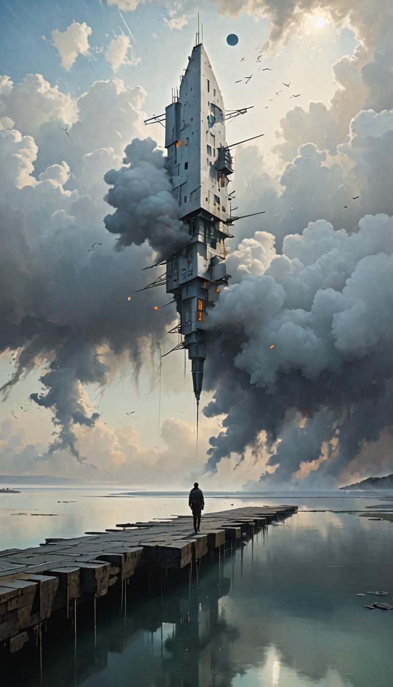 Surreal Hyperrealistic Painting of Levitating Scene