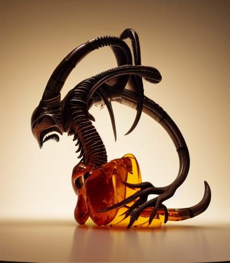Xenomorph Fossil Encased in Amber: Hyperrealistic Art