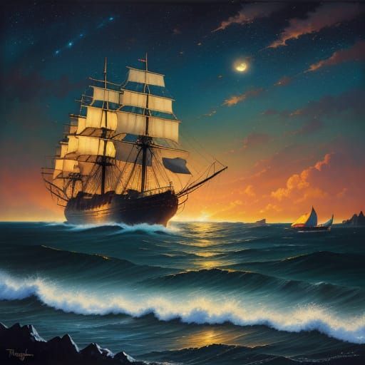 Dreamy Surrealism: Ship Sails Through Molten Skies