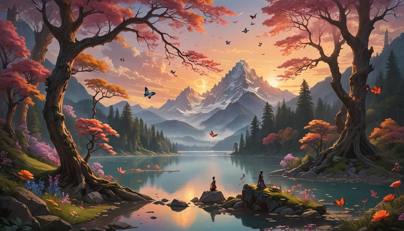 Ethereal Flower Woman Emerges from Mountain Lake in 3D