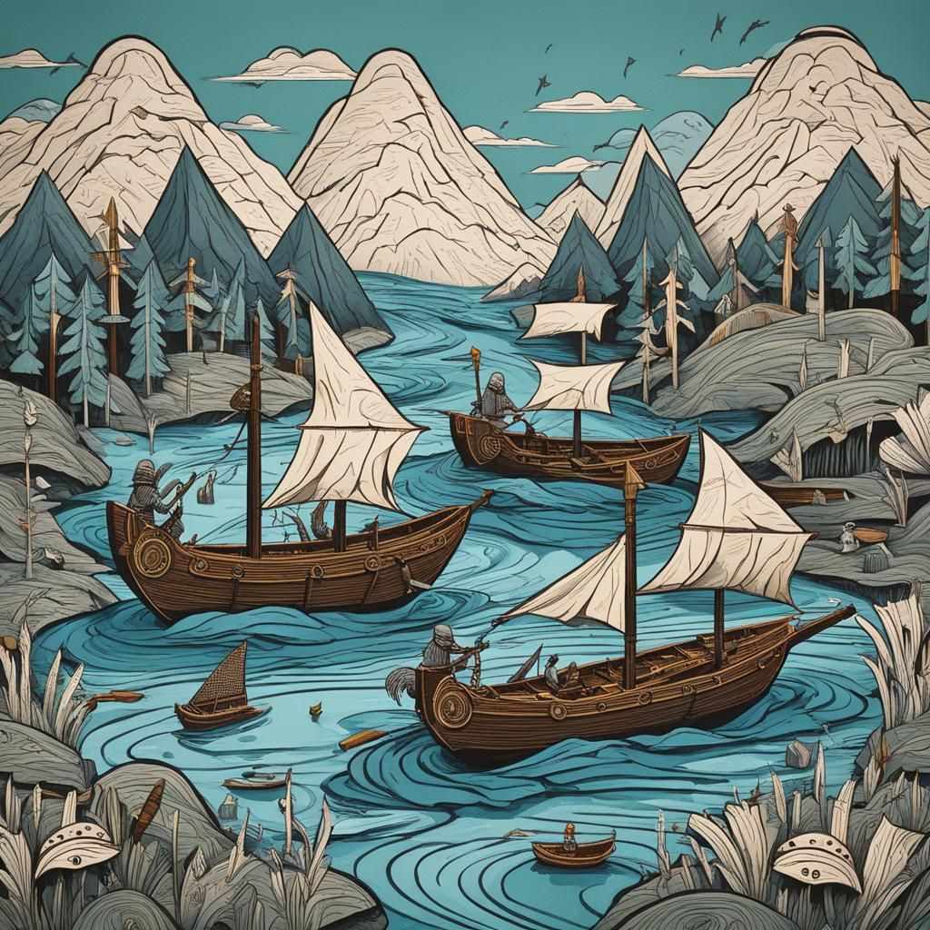 Whimsical Landscape with Folded Paper Ships and Knights