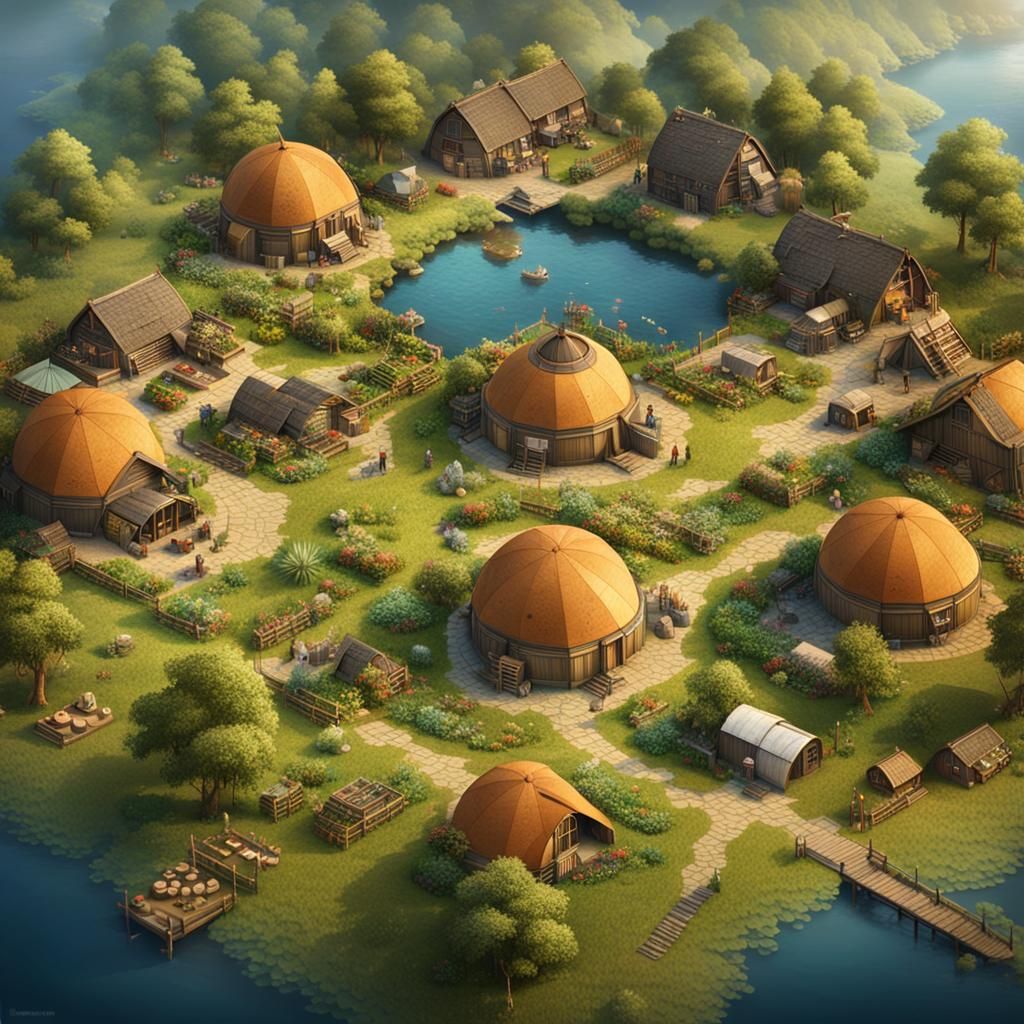 Aerial View of Geodesic Dome Village in Greenery