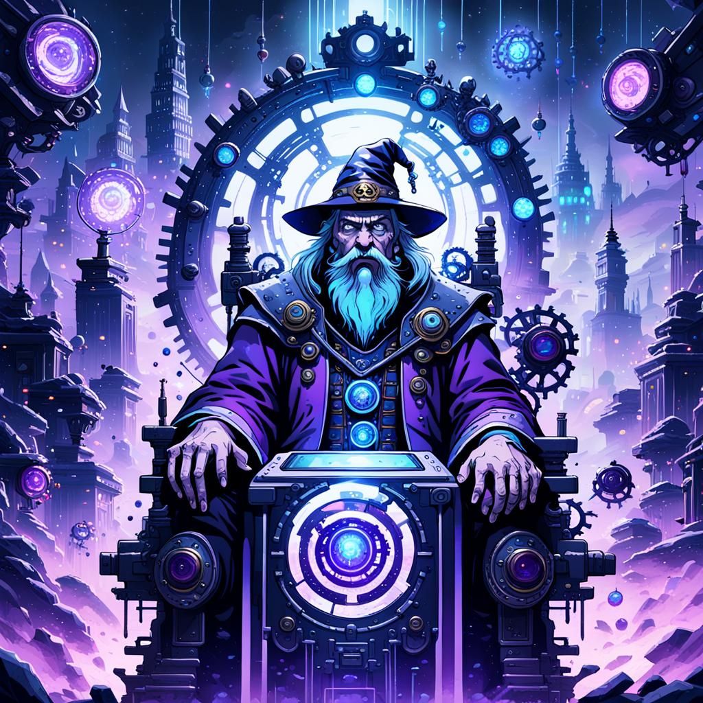 Ancient Wizard Mumfin in Cyberpunk Throne Room